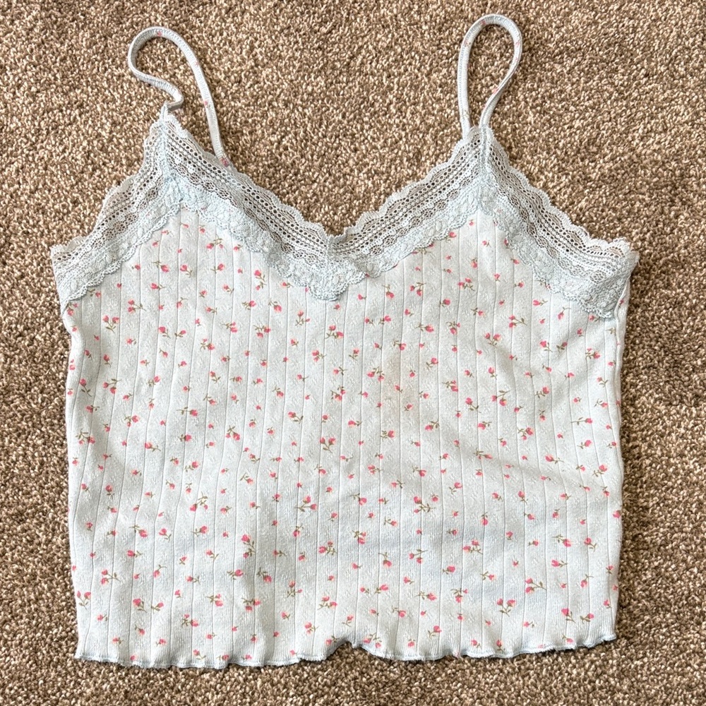 No Boundaries White and Pink Floral Lace Trim Tank Top